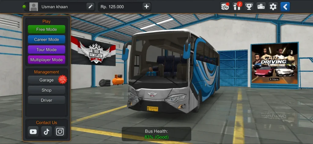 Bus Simulator Indonesia APK showing gameplay modes such as free mode, career mode, tour mode, and multiplayer