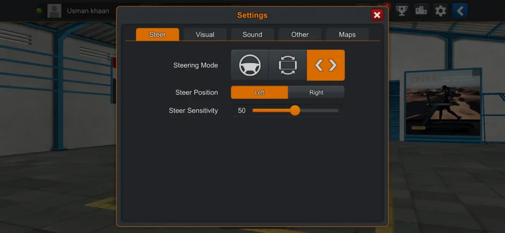 Bus Simulator Indonesia Steer settings screen showing steering mode icons, left or right steer position, and sensitivity slider