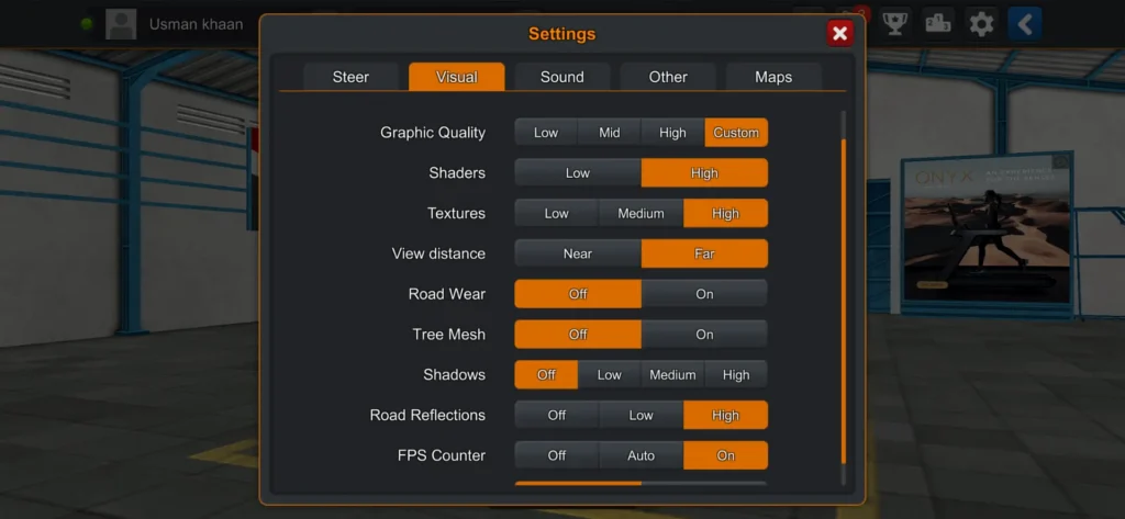 Bus Simulator Indonesia visual settings screen with graphics quality, textures, shadows, and performance options