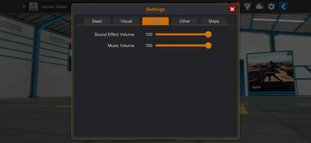 In-game sound settings showing sound effect volume and music volume controls
