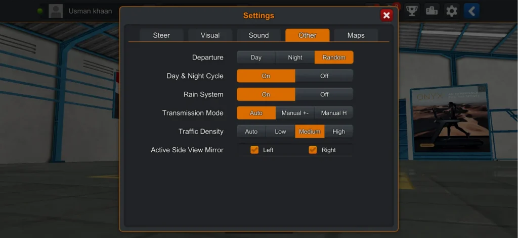 Other game settings menu showing departure, day and night cycle, rain system, transmission mode, traffic density, and side view mirrors