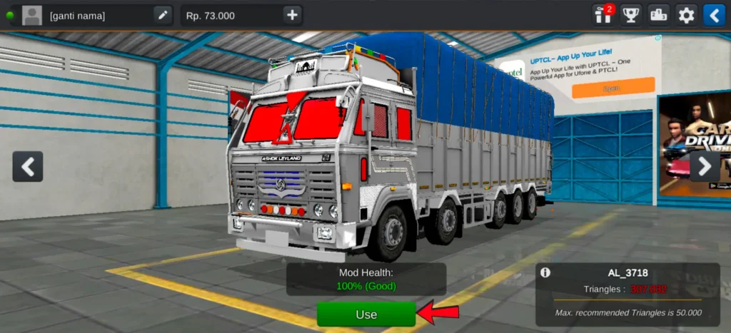 Ashok Leyland 3718 truck in BUSSID garage screen with Use button