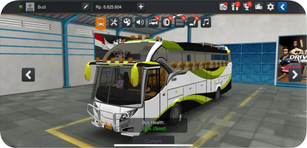 Bus garage view in Bus Simulator Indonesia showing bus health and setup