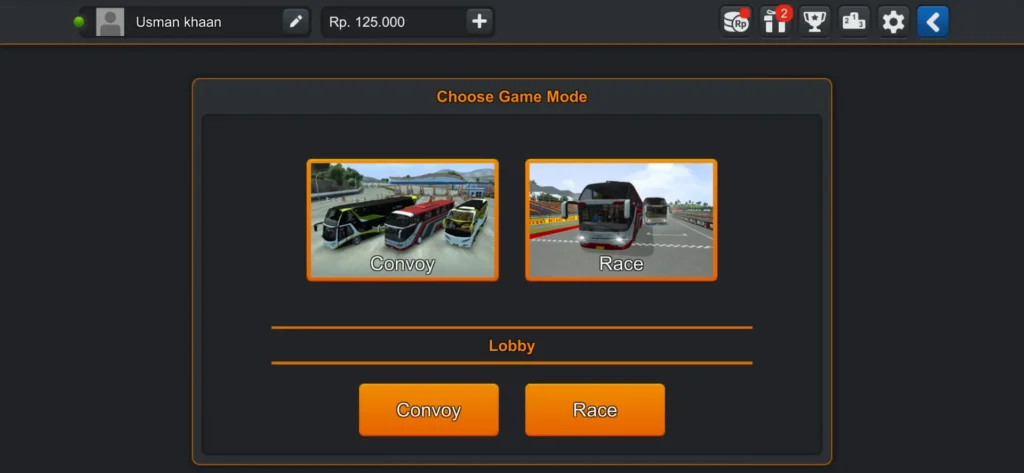 Choose game mode screen showing convoy and race options in Bus Simulator Indonesia