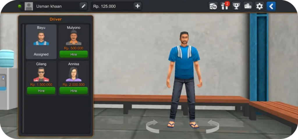 Driver menu screen in Bus Simulator Indonesia with multiple driver profiles