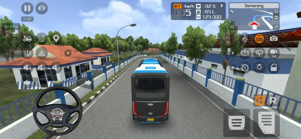 Bus Simulator Indonesia gameplay screen with steering wheel, dashboard, and driving controls