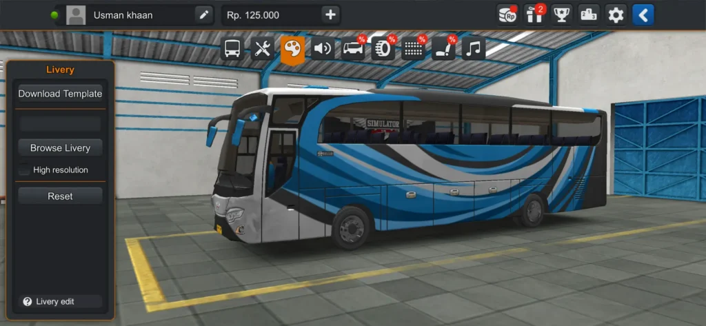 Custom livery option on the garage customization screen in Bus Simulator Indonesia