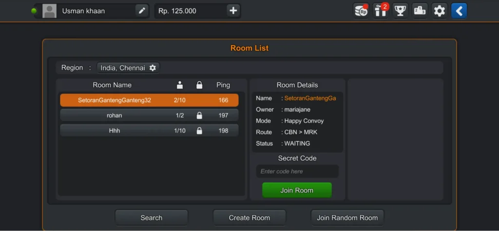 Multiplayer room list screen with ping details in Bus Simulator Indonesia