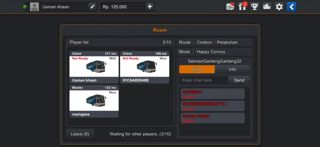 Multiplayer room inside view showing player list and chat in Bus Simulator Indonesia