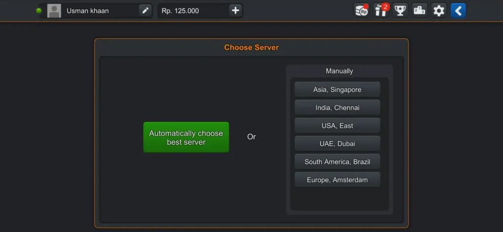 Server selection screen showing automatic and manual server options in Bus Simulator Indonesia