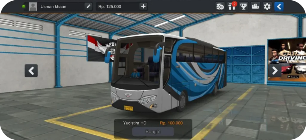 Yudistira HD bus in Bus Simulator Indonesia garage after purchase