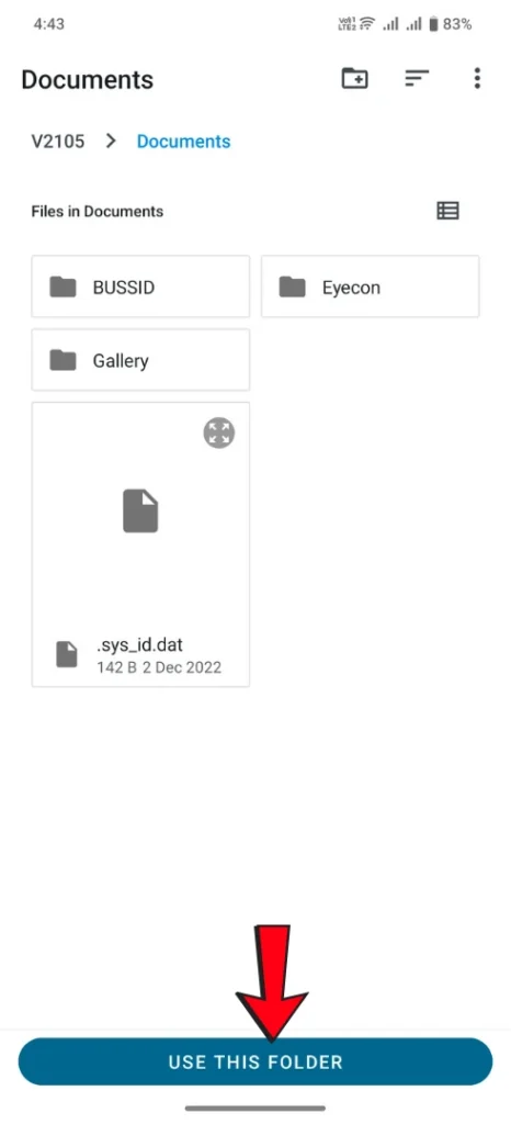 BUSSID documents screen showing use this folder button