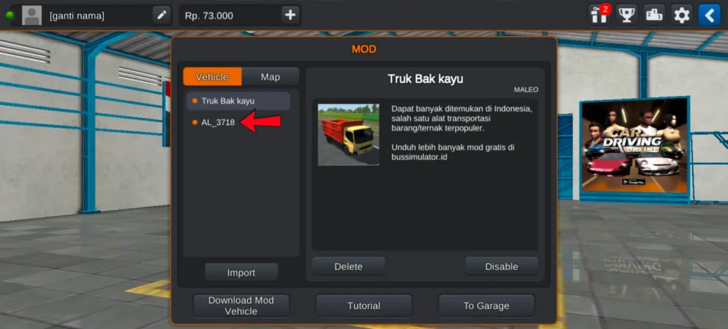 BUSSID mod vehicle list showing AL 3718 truck in mod menu