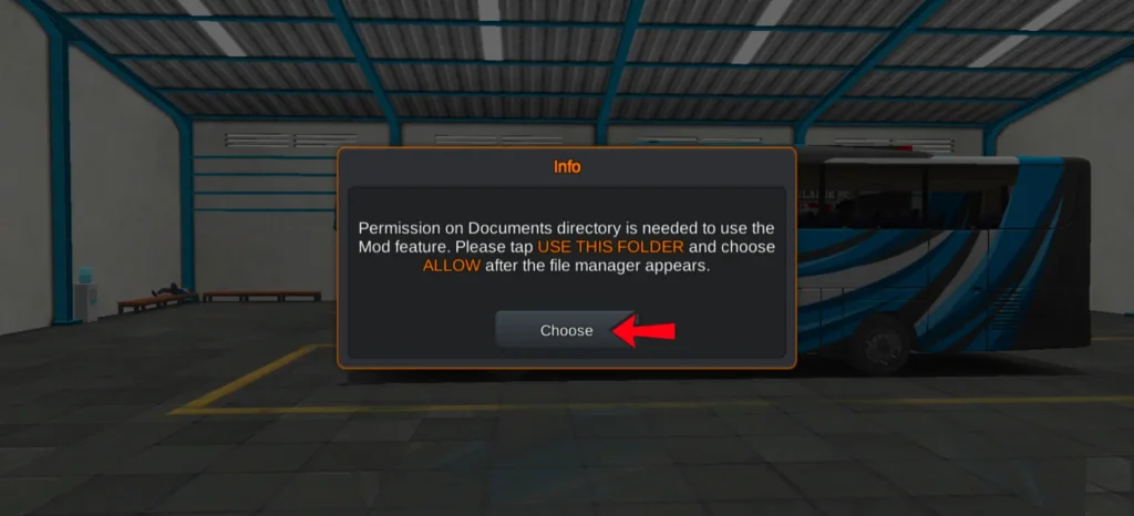 BUSSID mod permission screen showing choose and use this folder text