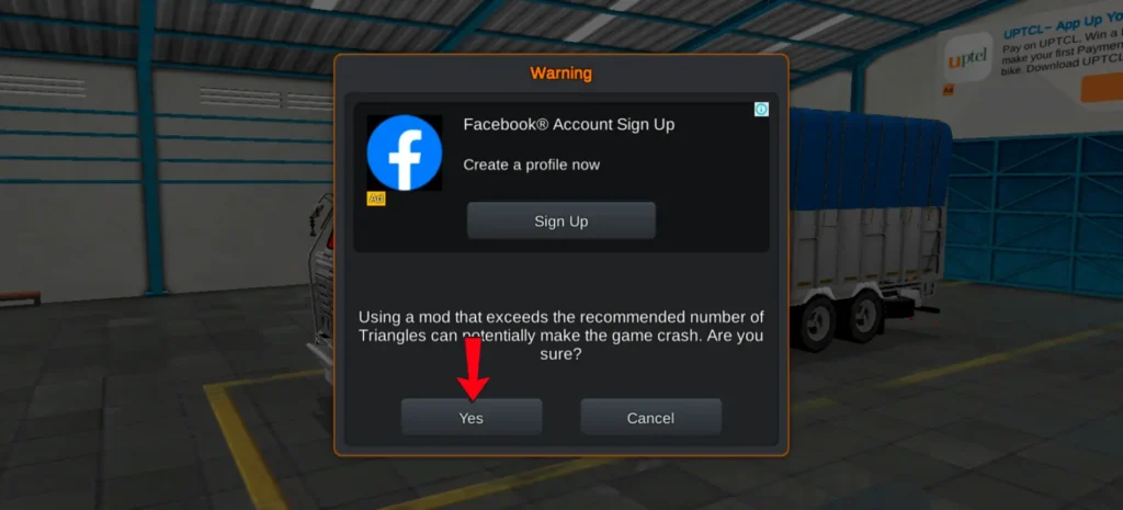 BUSSID mod warning popup showing Yes and Cancel confirmation option