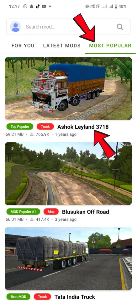 Select an Indian truck from the Most Popular section in the MOD BUSSID app