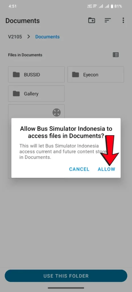 BUSSID permission popup showing allow access to documents files