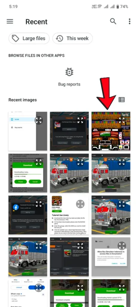 Device gallery recent folder showing selected truck skin