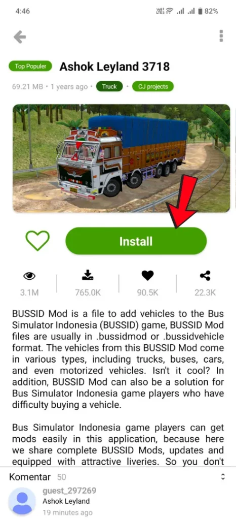 Indian truck Ashok Leyland 3718 showing install button on screen