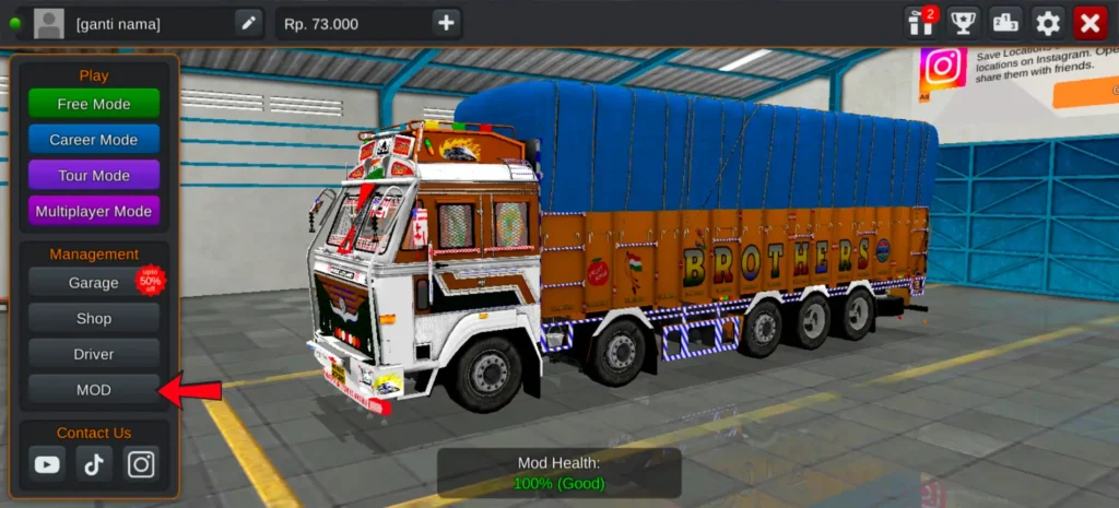 Indian truck Ashok Leyland in BUSSID garage screen