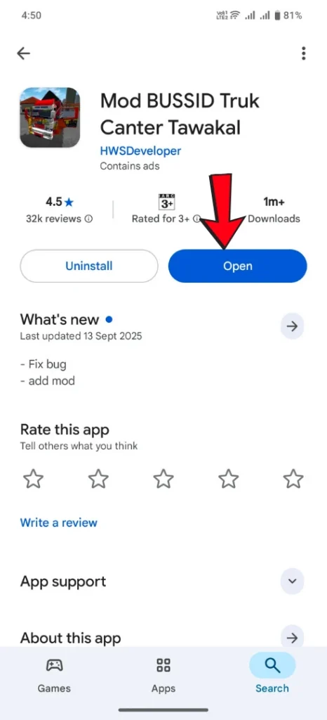 MOD BUSSID app open screen on Google Play Store showing open button