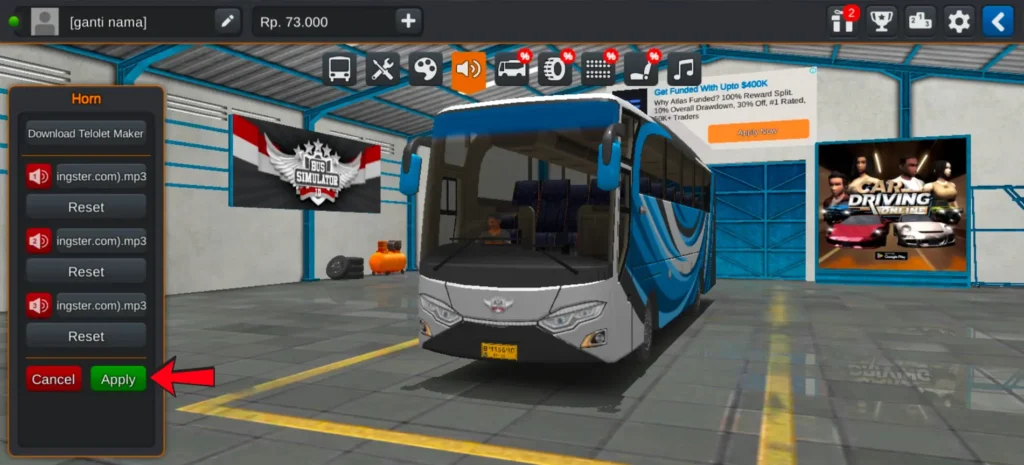 bus simulator horn settings showing apply button after adding horn