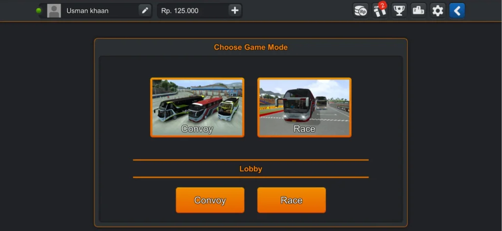 Convoy and Race mode selection in Bus Simulator Indonesia multiplayer