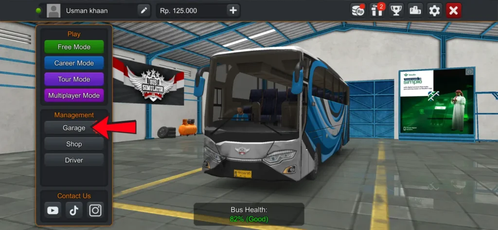 Bus Simulator Indonesia garage option in the main menu