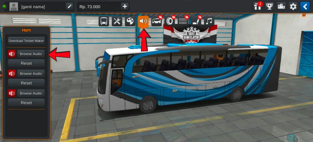 Horn customization icon and horn slots on the left side in Bus Simulator Indonesia