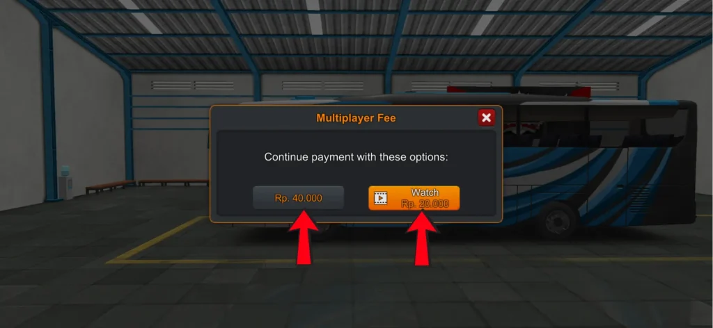 Bus Simulator Indonesia multiplayer entry fee options showing 40000 money and 20000 ad option