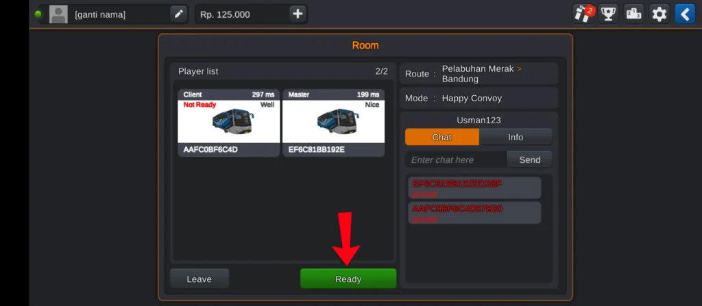 Ready button after joining a multiplayer room in Bus Simulator Indonesia