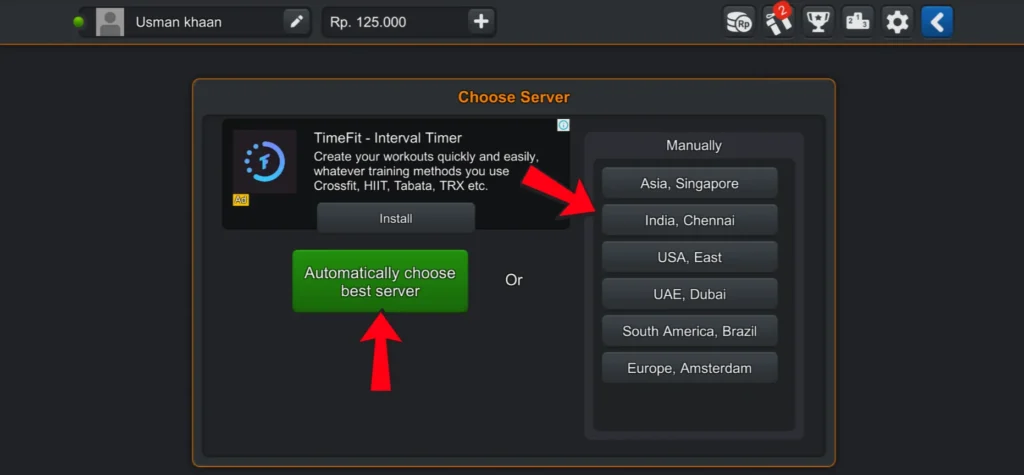 Multiplayer server selection in Bus Simulator Indonesia with auto choose and manual server options