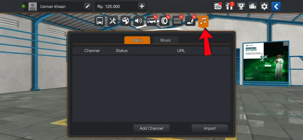 Bus Simulator Indonesia music icon in the garage to open radio settings