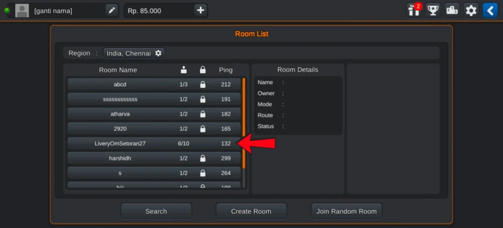 Random multiplayer rooms list in Bus Simulator Indonesia