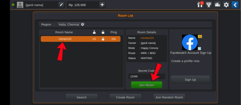 Selecting a room and entering secret code to join multiplayer in Bus Simulator Indonesia