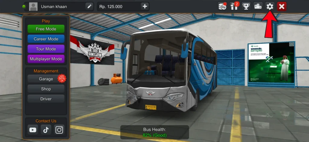 Bus Simulator Indonesia settings icon in the game menu
