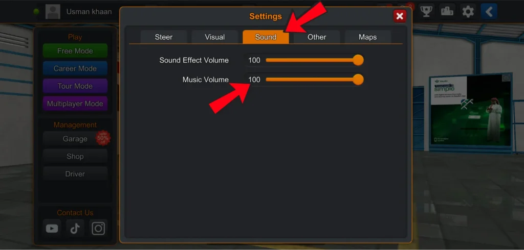Bus Simulator Indonesia sound settings showing music volume set to 100 percent