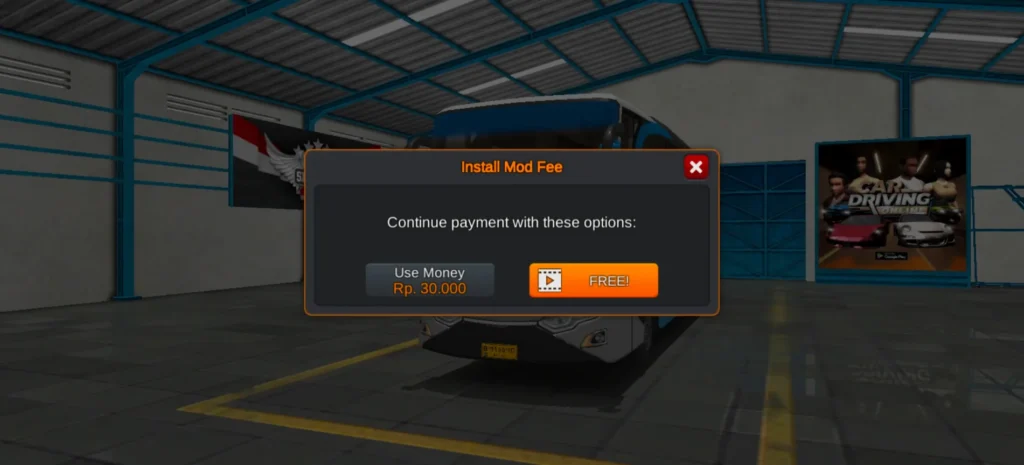 Bus Simulator Indonesia mod install popup with money or free ad option