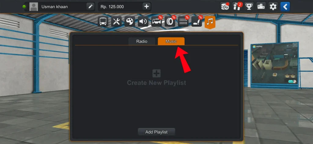 Music tab selected in Bus Simulator Indonesia