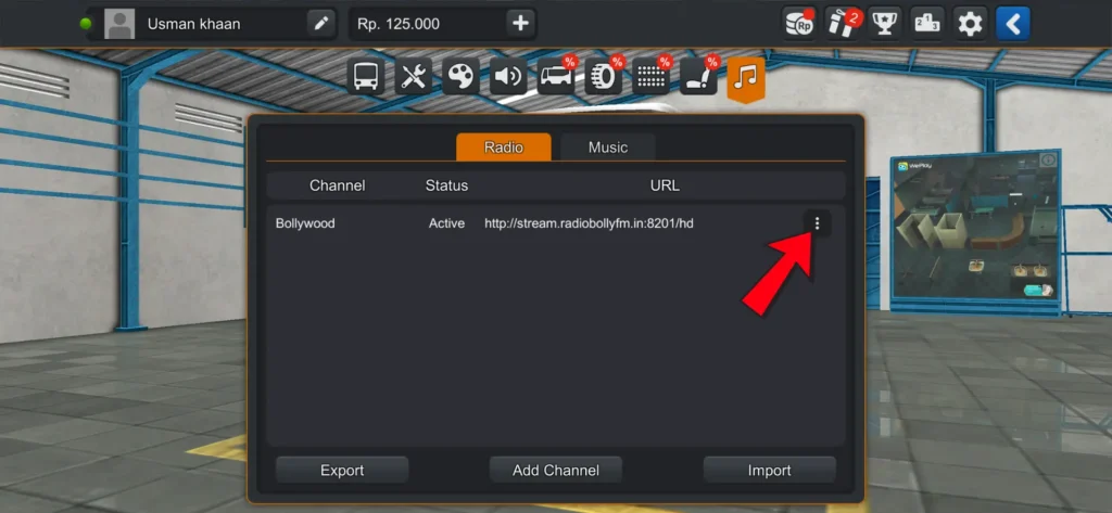 Radio channel list in Bus Simulator Indonesia showing the three dots menu