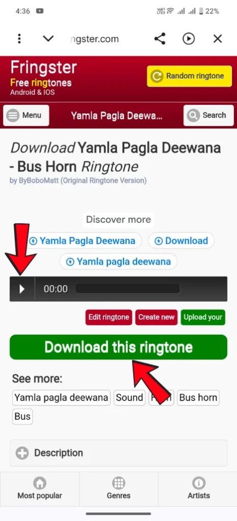 Yamla Pagla Deewana bus horn ringtone player with download button