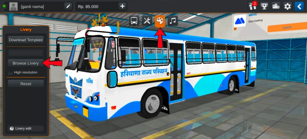 Selecting livery icon and browsing skin in Bus Simulator Indonesia garage
