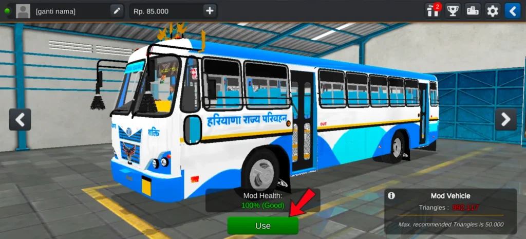 Selecting Haryana Roadways bus and tapping use button in Bus Simulator Indonesia