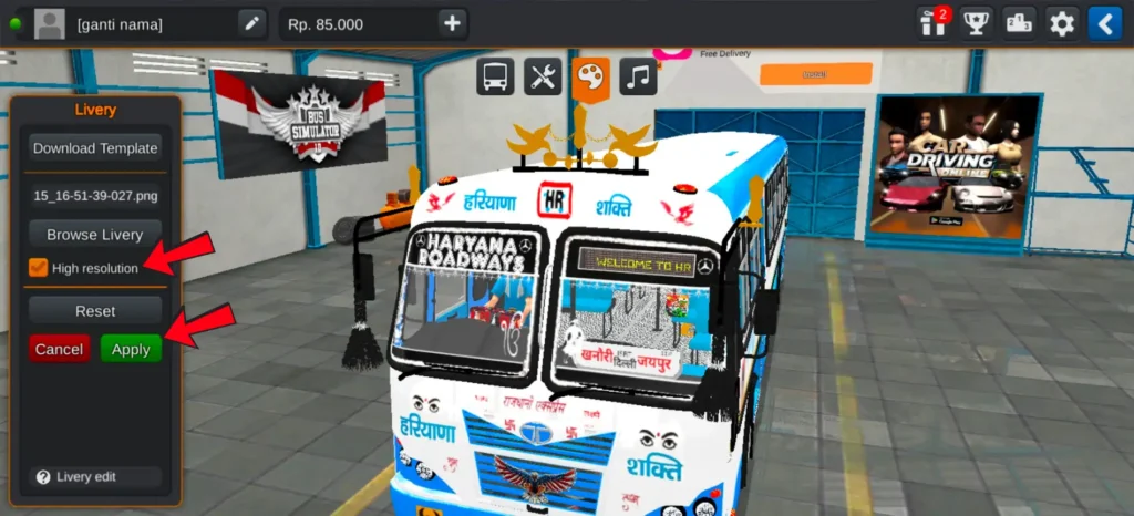 Applying bus skin with high resolution enabled in Bus Simulator Indonesia