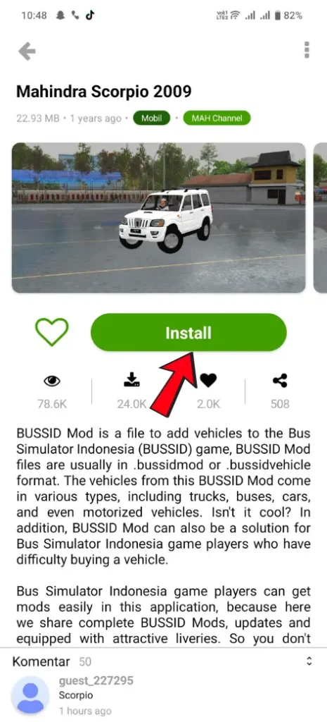 Install car mod in BUSSID mod app using install button