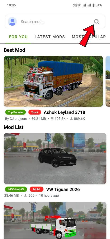 Search car mod in app using search bar
