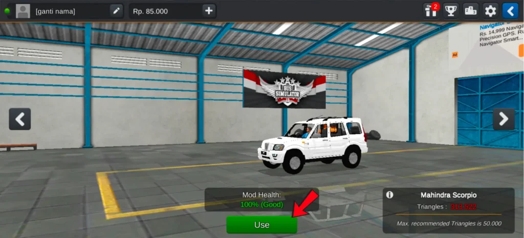 Use car mod in BUSSID game by clicking use button in the garage.