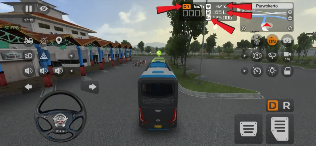 Bus Simulator Indonesia driving information panel showing gear, fuel, speed, and money