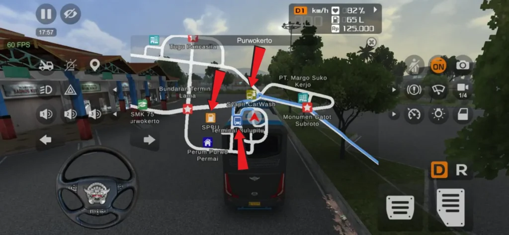 Bus Simulator Indonesia map with different locations and route points
